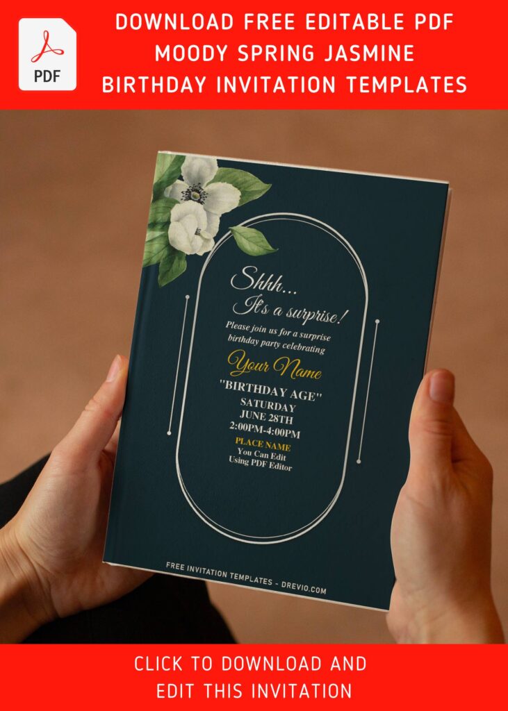 (Free Editable PDF) Moody Spring Jasmine Birthday Invitation Templates with green foliage