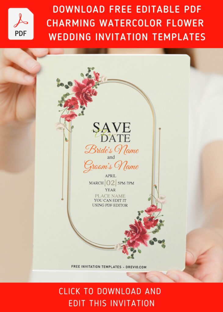 (Free Editable PDF) Picturesque Blooming Flowers Wedding Invitation Templates with elegant rose and gold frame