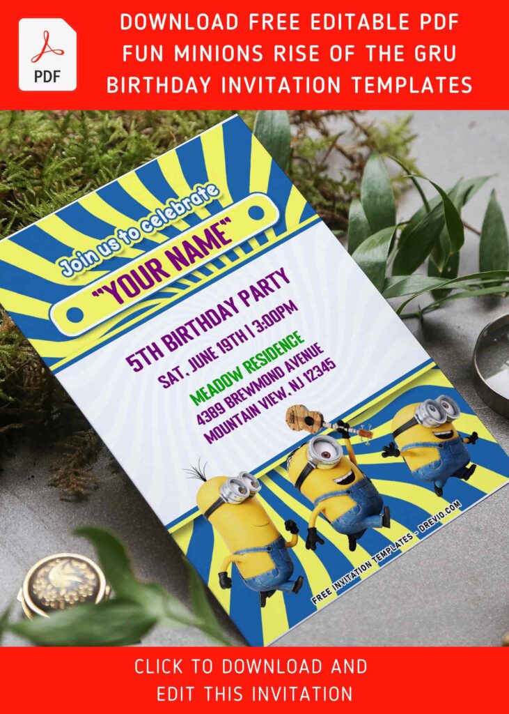 (Free Editable PDF) Cute Minions The Rise Of Gru Birthday Invitation Templates with playful Minions