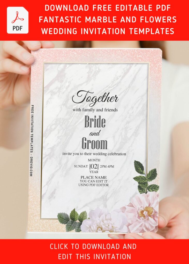 (Free Editable PDF) Designer's Choice Marble And Flowers Invitation Templates with green leaf