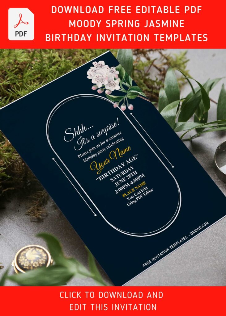 (Free Editable PDF) Moody Spring Jasmine Birthday Invitation Templates with gorgeous white blooms