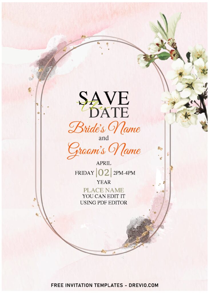 (Free Editable PDF) Blushing Glitter & Floral Modern Wedding Invitation Templates with blush pastel background