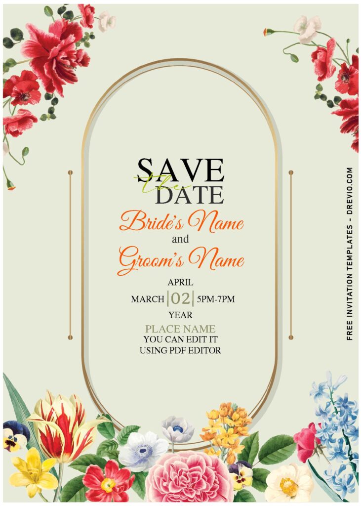 (Free Editable PDF) Picturesque Blooming Flowers Wedding Invitation Templates with elegant script