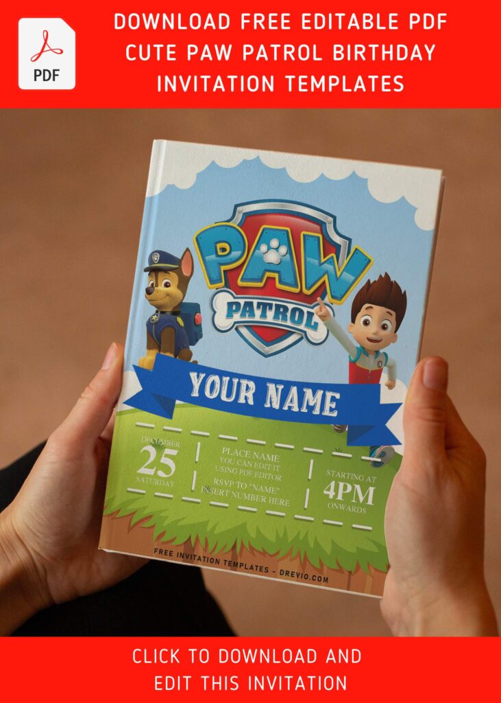 (Free Editable PDF) Playful Paw Patrol Birthday Invitation Templates For Preschooler with cute Paw Patrol's Logo