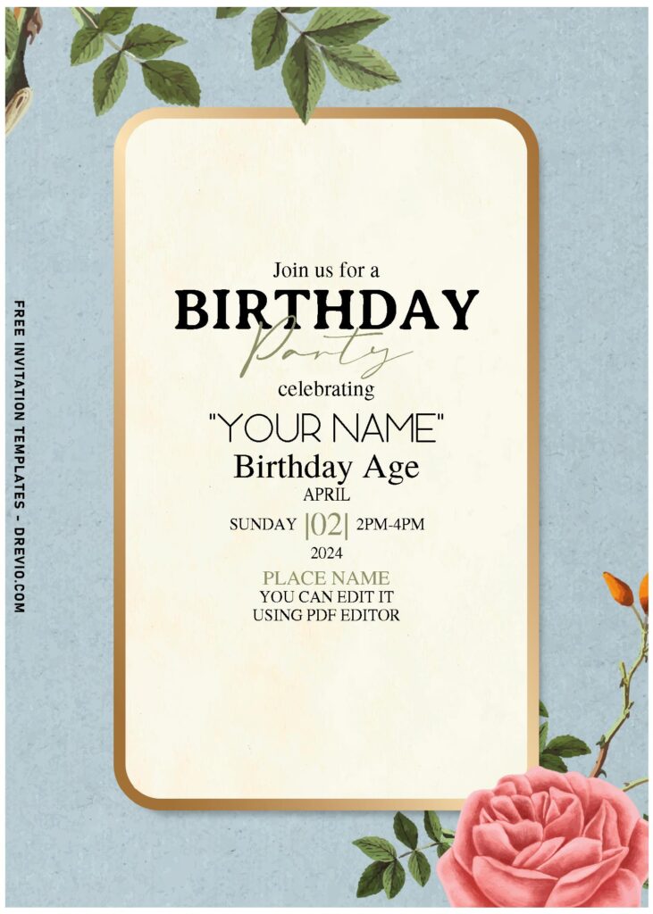 (Free Editable PDF) Carnation And Poppy Blooms Garden Birthday Invitation Templates with gold frame