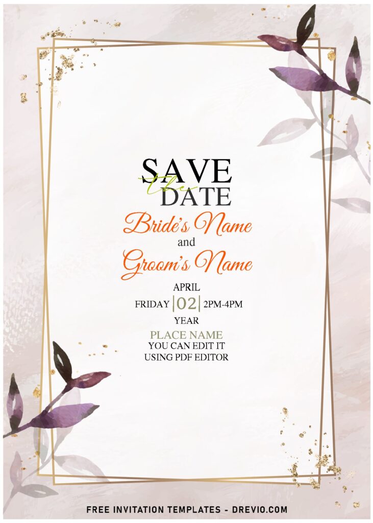 (Free Editable PDF) Modern Summer Boho Eucalyptus Wedding Invitation Templates with elegant script