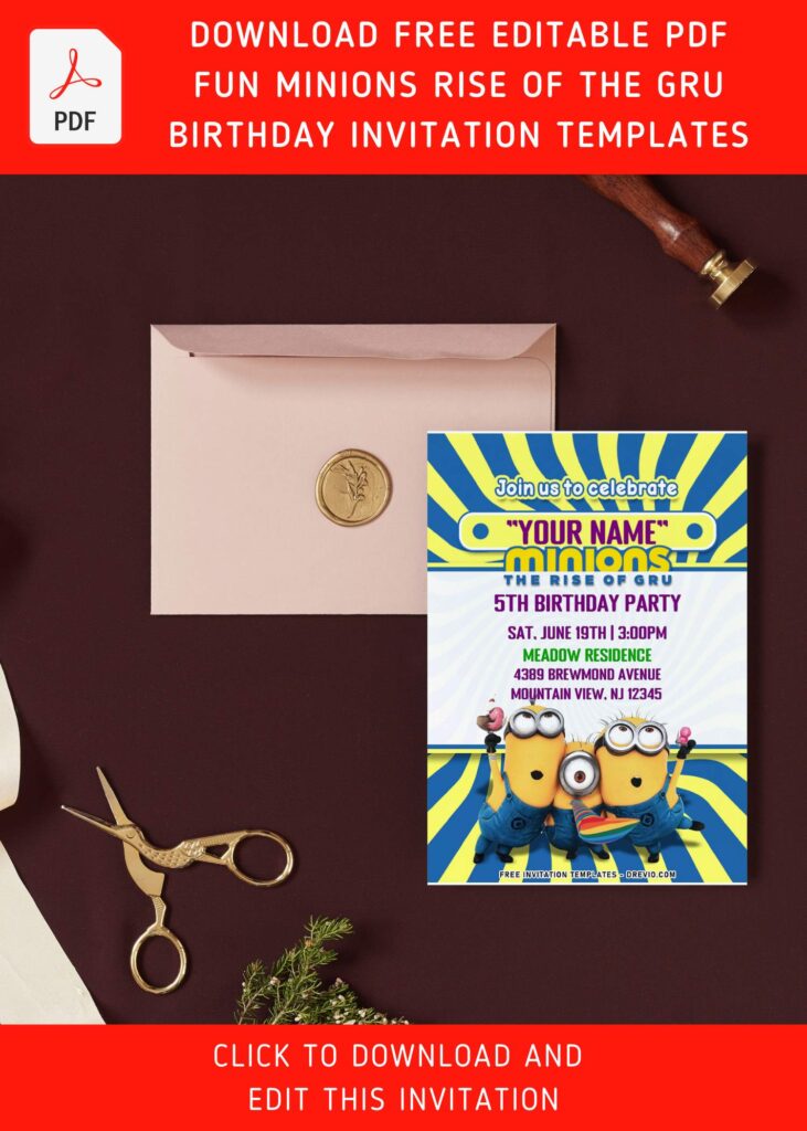 (Free Editable PDF) Cute Minions The Rise Of Gru Birthday Invitation Templates with colorful text