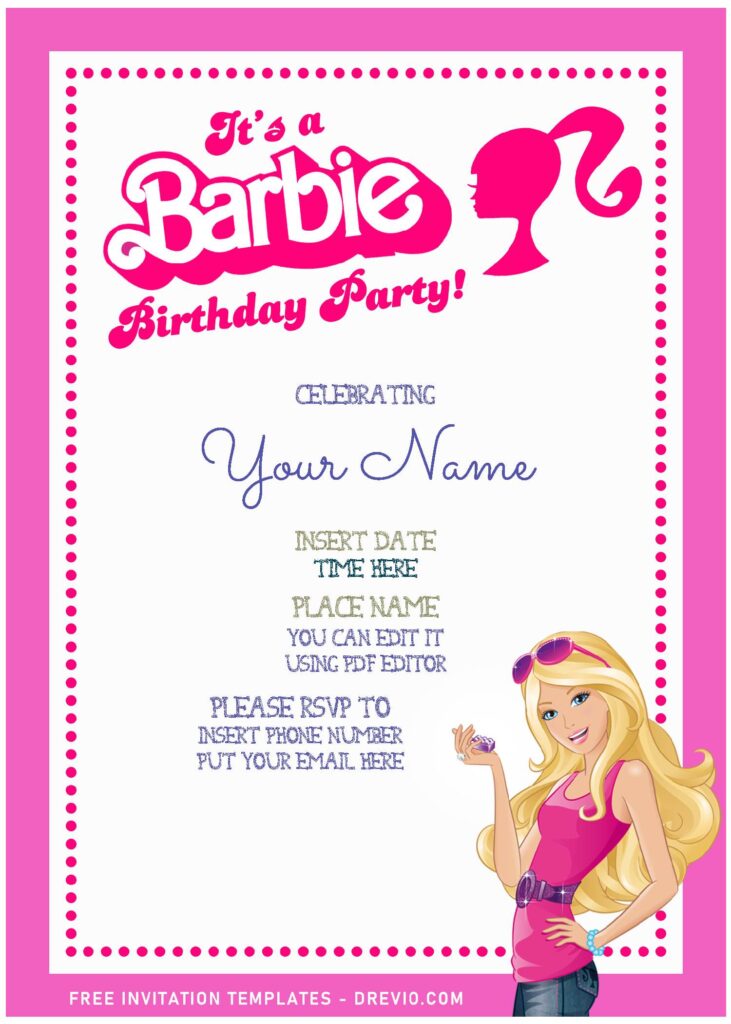 (Free Editable PDF) Chic & Fashionable Barbie Girls Birthday Invitation Templates with cute wordings