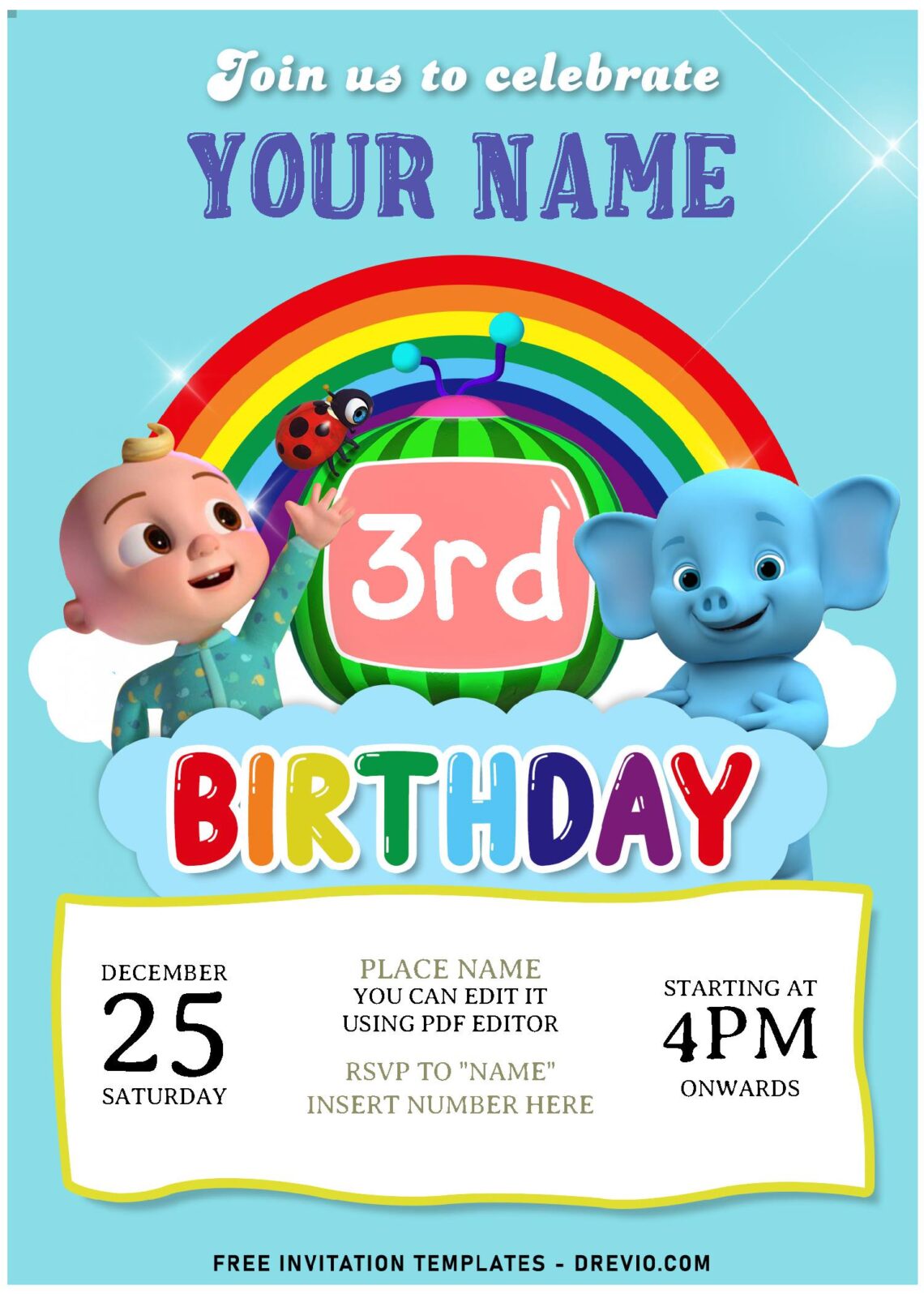 (Free Editable PDF) Lovely Rainbow Cocomelon Birthday Invitation Templates with adorable baby elephant