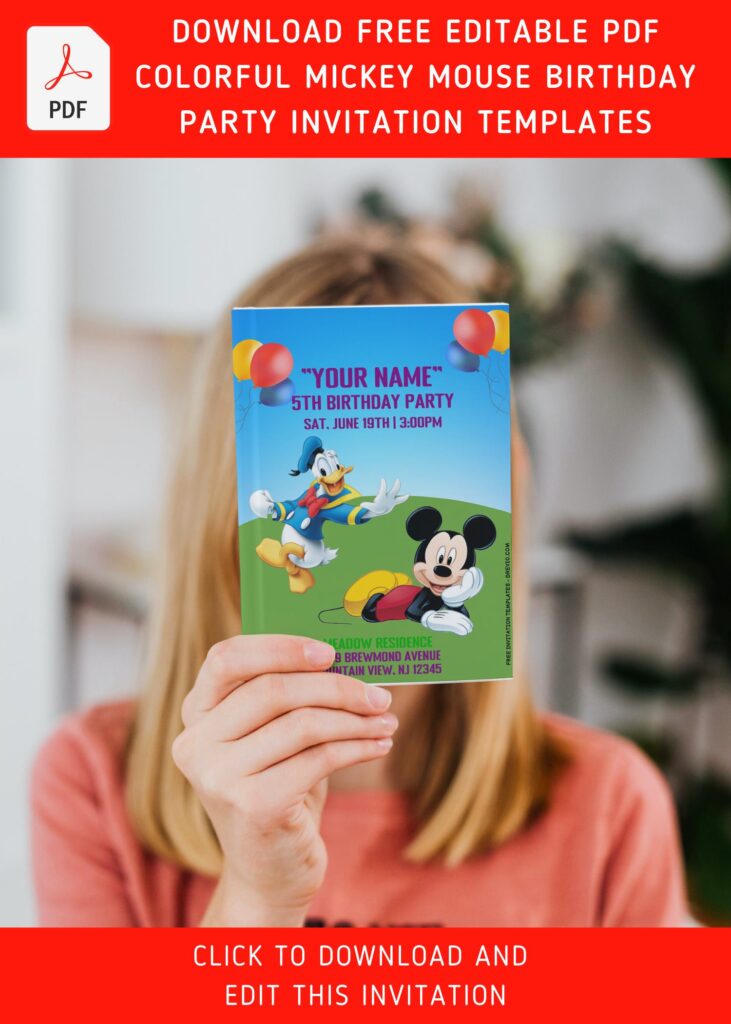 (Free Editable PDF) Colorful Mickey Mouse Clubhouse Birthday Invitation Templates with portrait orientation design