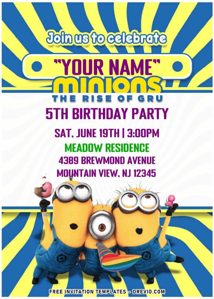 (Free Editable PDF) Cute Minions The Rise Of Gru Birthday Invitation Templates with cute blue and yellow stripes background