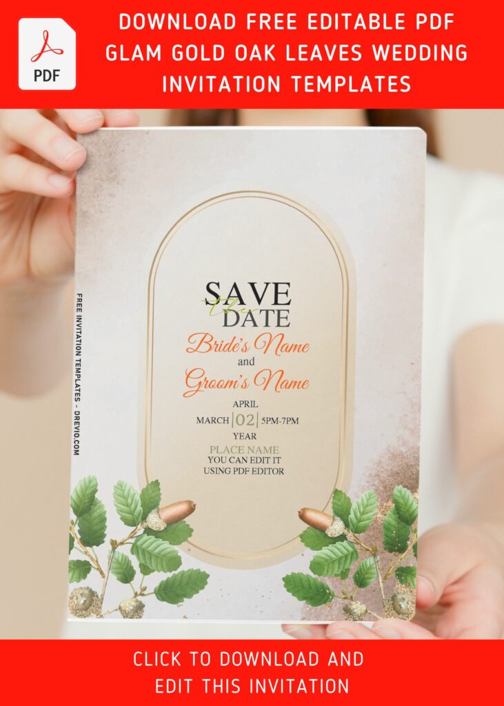 (Free Editable PDF) Darling Gold Oak Leaves Wedding Invitation Templates with acorn