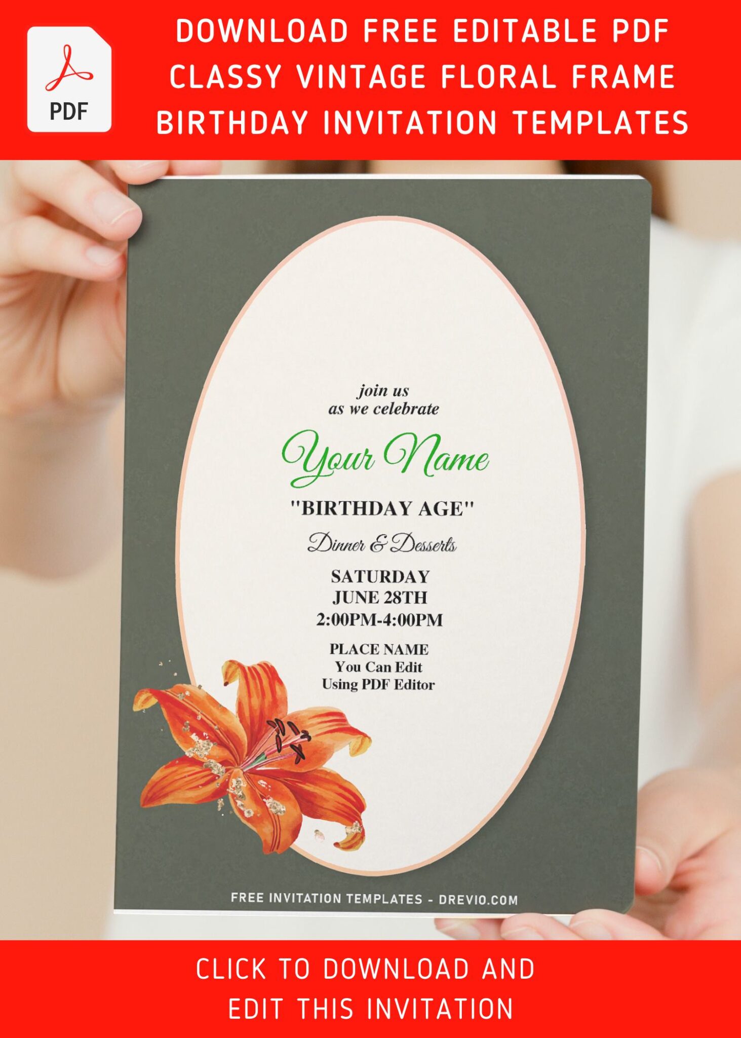 (Free Editable PDF) Classy Vintage Floral Frame Birthday Invitation ...