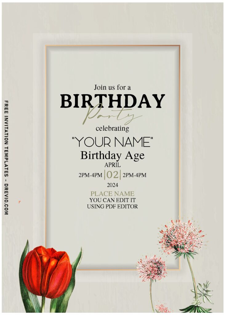 (Free Editable PDF) Enchanting Orchid And Tulips Garden Birthday Invitation Templates with red tulip