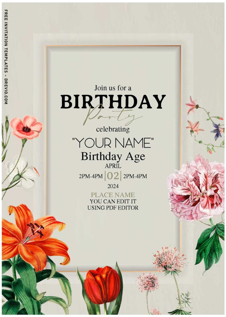(Free Editable PDF) Enchanting Orchid And Tulips Garden Birthday Invitation Templates with crimson red lily