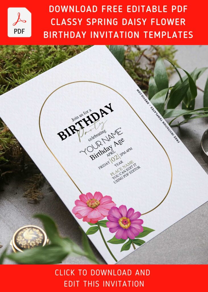(Free Editable PDF) Classy Spring Daisy Flower Birthday Invitation Templates with portrait orientation