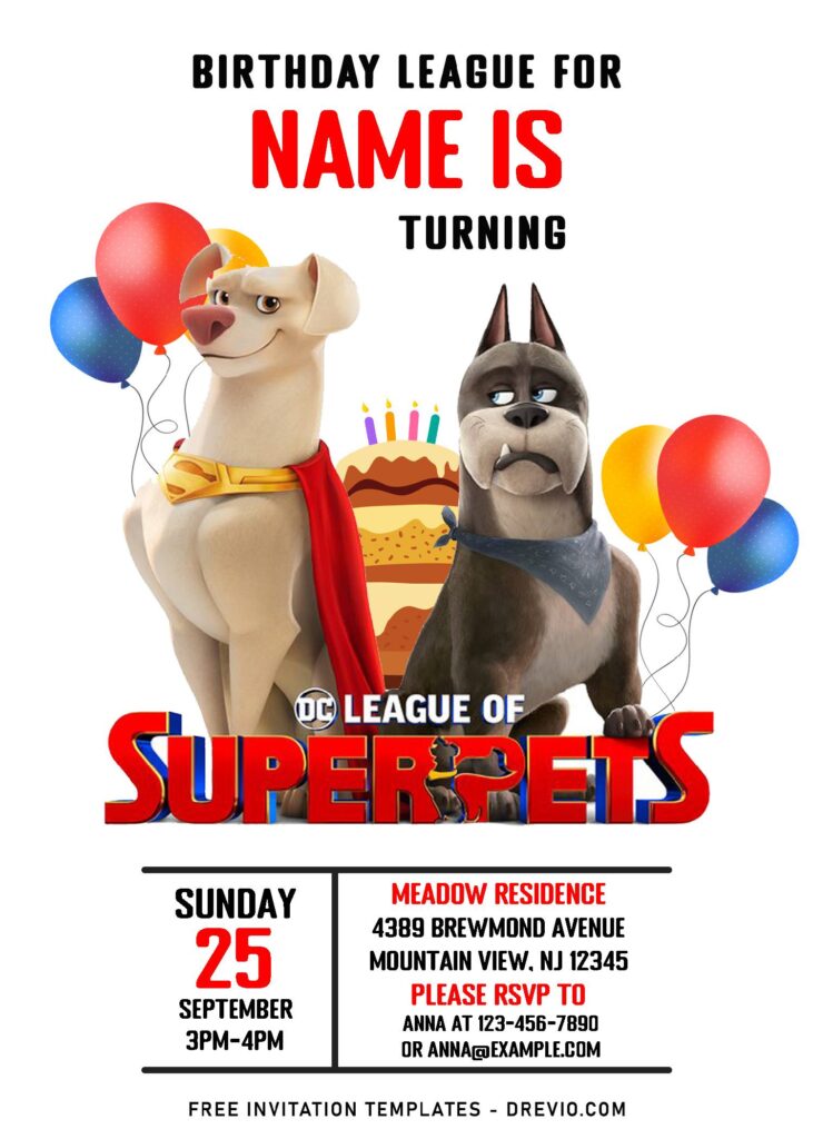 (Free Editable PDF) Super Epic DC League Super Pets Invitation Templates with colorful balloons