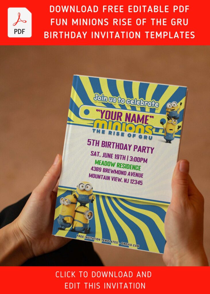 (Free Editable PDF) Cute Minions The Rise Of Gru Birthday Invitation Templates with cute wordings