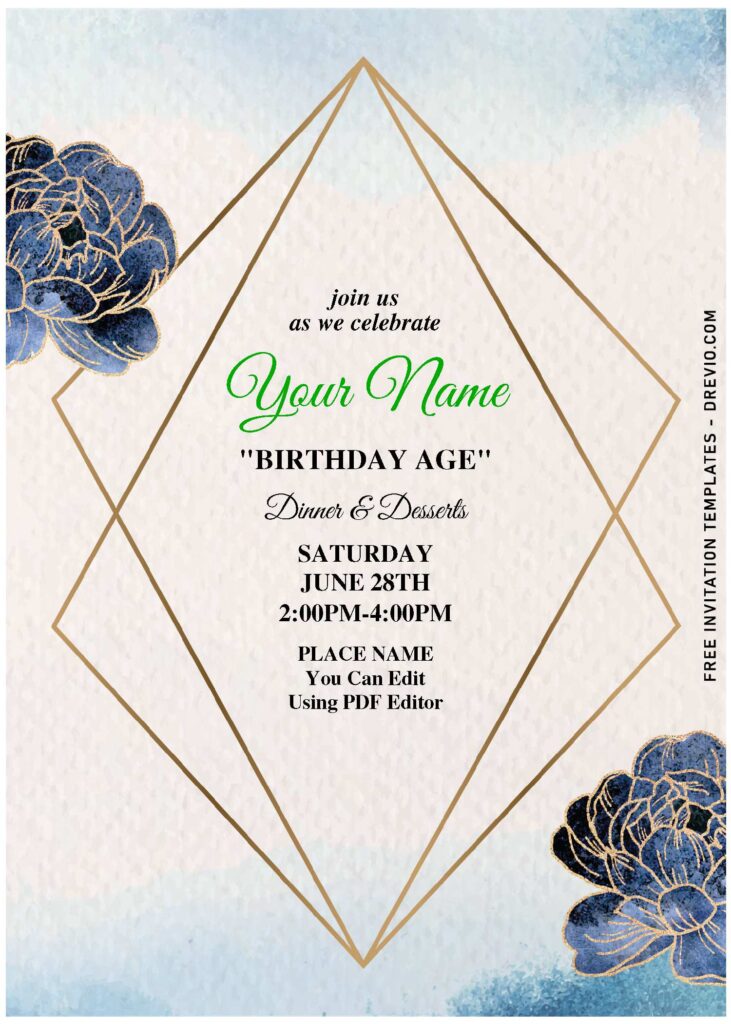 (Free Editable PDF) Exquisite Gold And Blue Flowers Invitation Templates