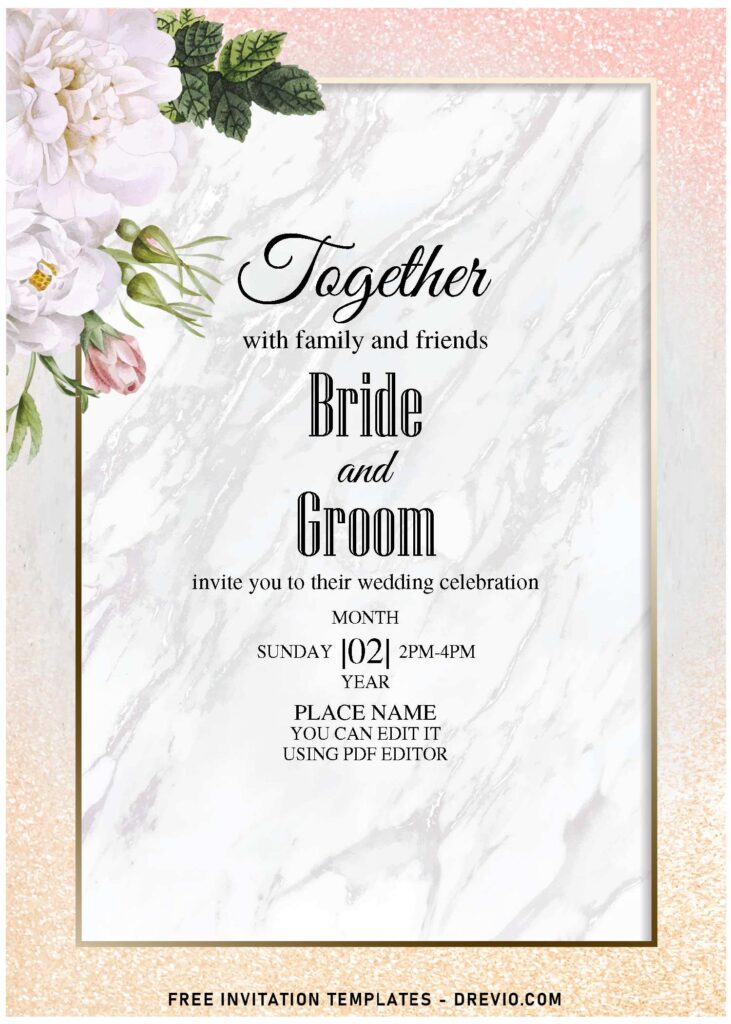 (Free Editable PDF) Designer's Choice Marble And Flowers Invitation Templates with white rose