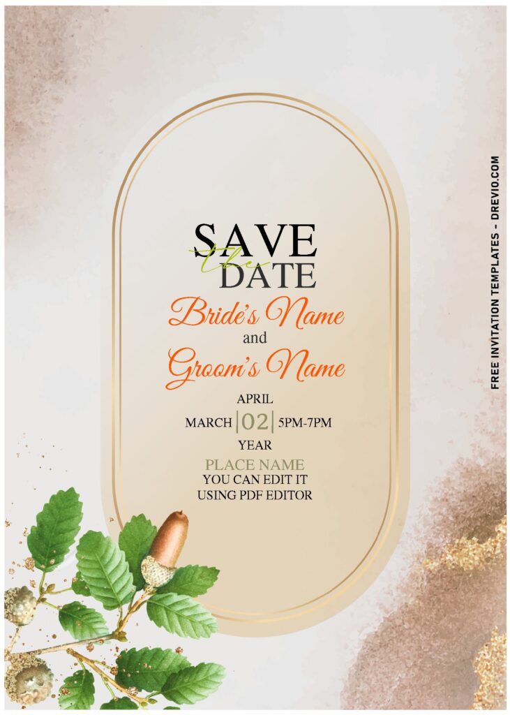 (Free Editable PDF) Darling Gold Oak Leaves Wedding Invitation Templates with aesthetic watercolor background