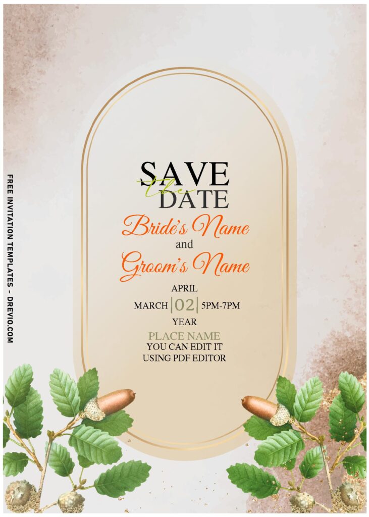 (Free Editable PDF) Darling Gold Oak Leaves Wedding Invitation Templates with enchanting gold greenery leaves