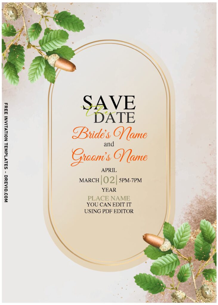 (Free Editable PDF) Darling Gold Oak Leaves Wedding Invitation Templates with elegant script