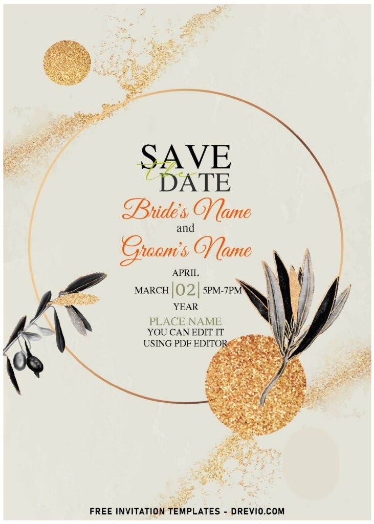 (Free Editable PDF) Exquisite Glitter Gold & Willow Greenery Invitation Templates with elegant script