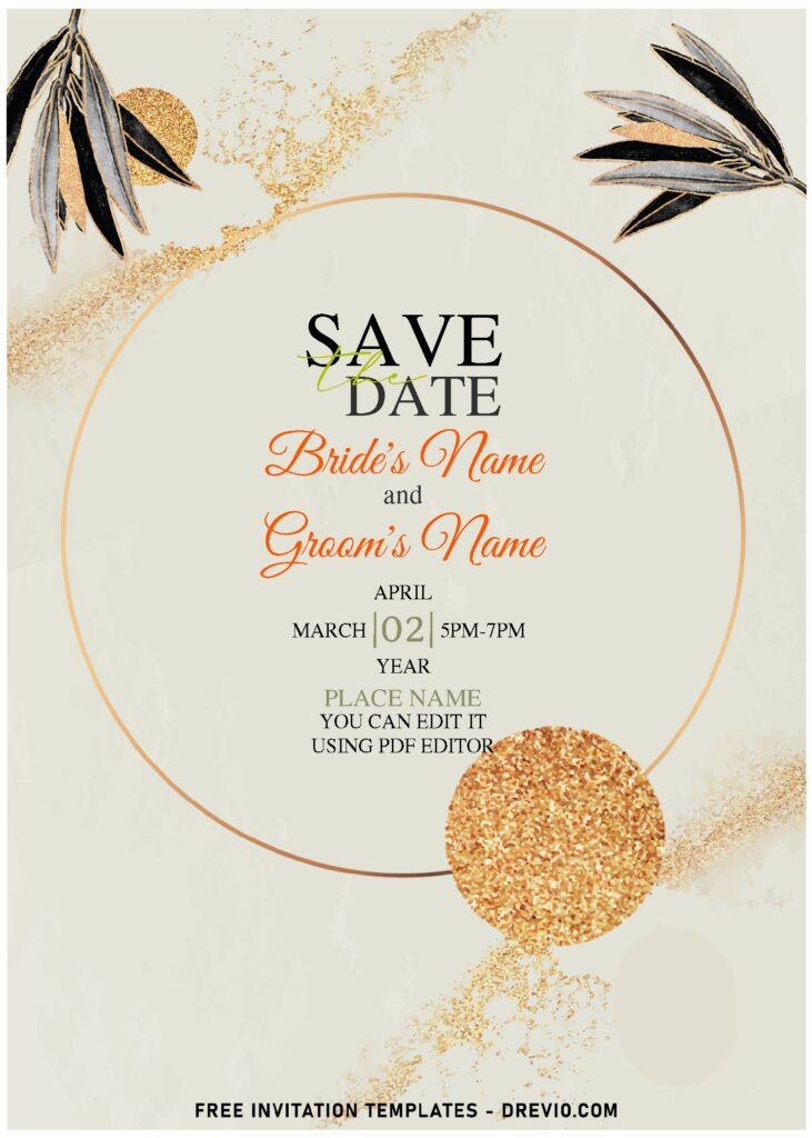 (Free Editable PDF) Exquisite Glitter Gold & Willow Greenery Invitation Templates with elegant text frame