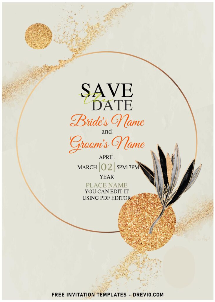 (Free Editable PDF) Exquisite Glitter Gold & Willow Greenery Invitation Templates with willow leaves
