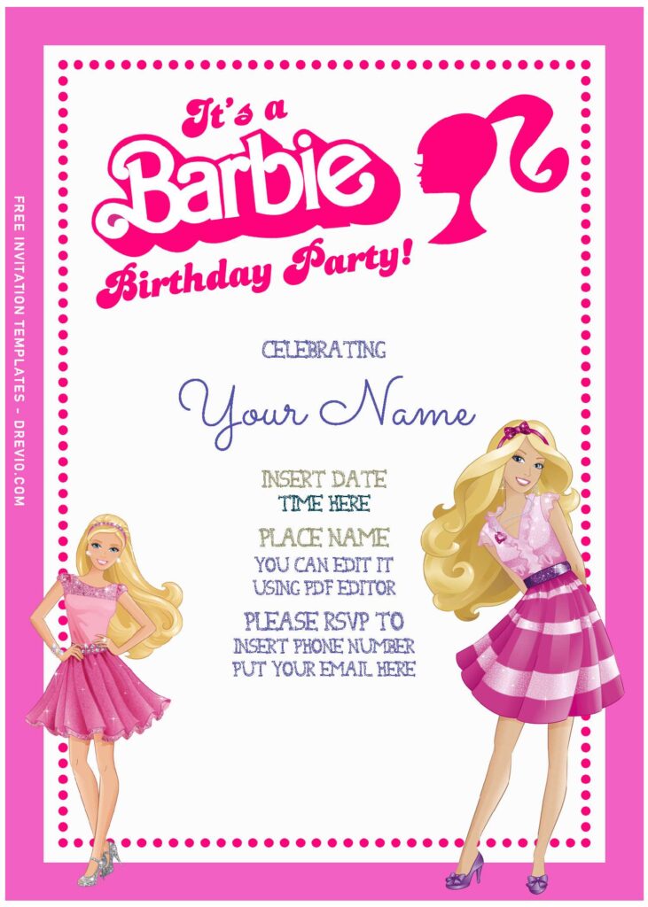 (Free Editable PDF) Chic & Fashionable Barbie Girls Birthday Invitation Templates with pink background