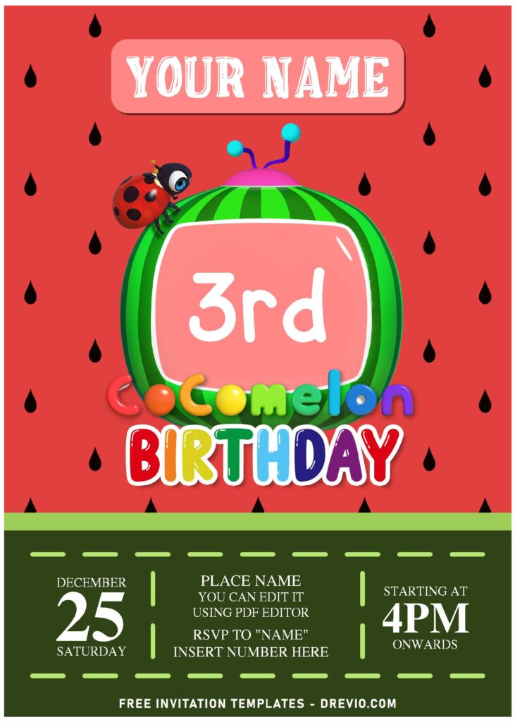 (Free Editable PDF) Lovely Cocomelon & Friends Birthday Invitation Templates with watermelon tv