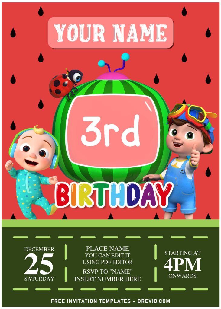 (Free Editable PDF) Lovely Cocomelon & Friends Birthday Invitation Templates with editable text