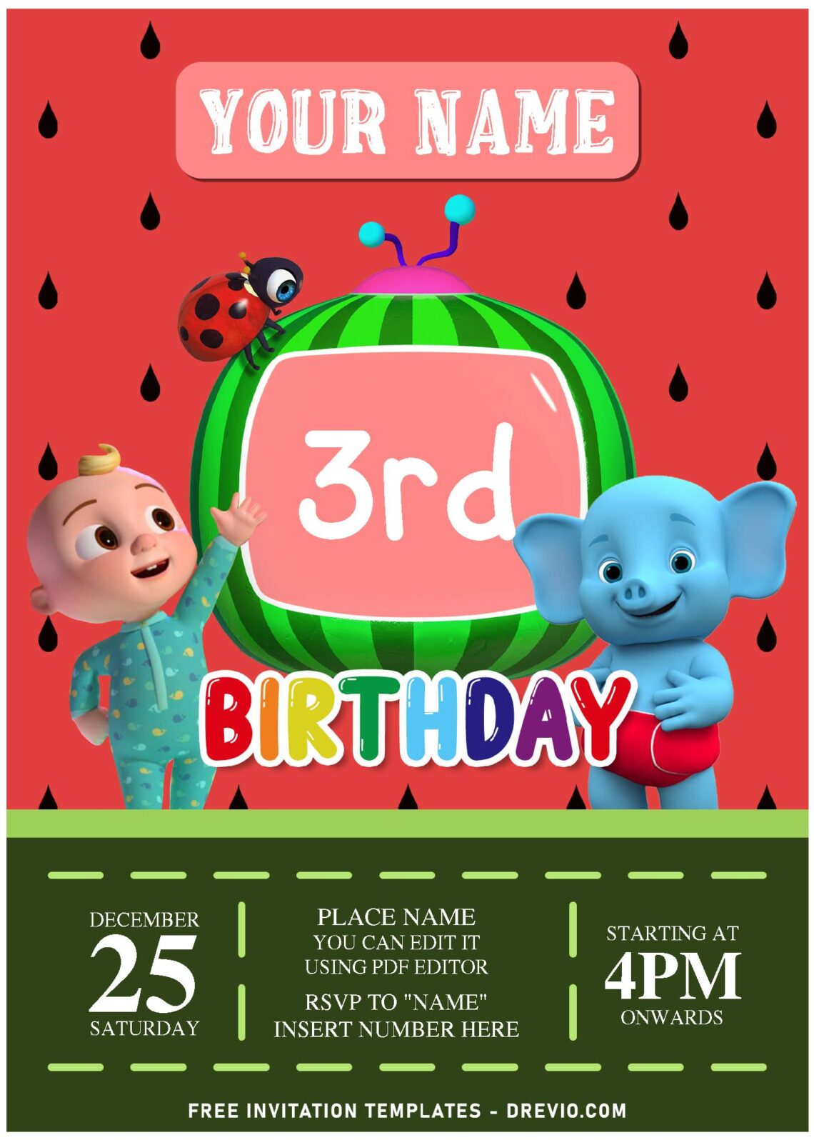 (Free Editable PDF) Lovely Cocomelon & Friends Birthday Invitation Templates with watermelon background