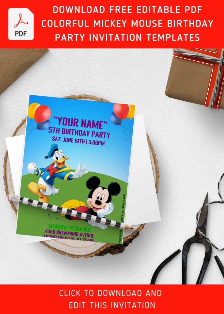 (Free Editable PDF) Colorful Mickey Mouse Clubhouse Birthday Invitation Templates with cute Donald duck