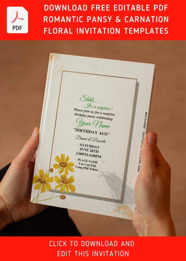 (Free Editable PDF) Romantic Pansy & Carnation Floral Invitation Templates with yellow sunflower
