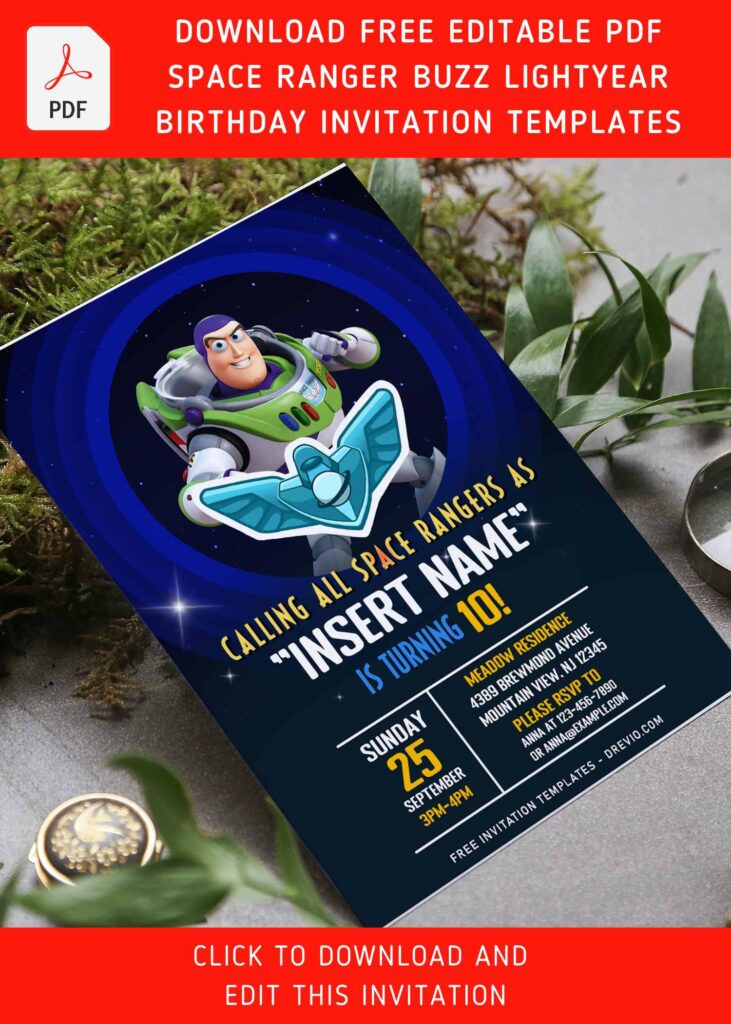 (Free Editable PDF) Intergalactic Space Buzz Lightyear Birthday Party Invitation Templates with Buzz Lightyear's logo