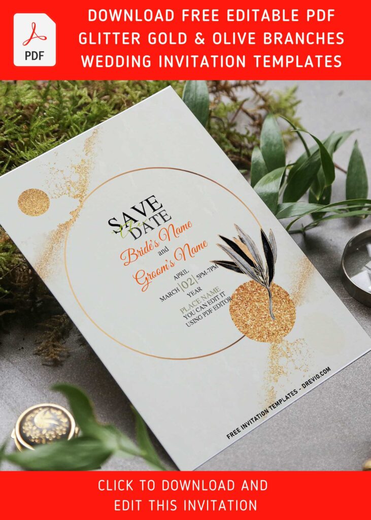 (Free Editable PDF) Exquisite Glitter Gold & Willow Greenery Invitation Templates with rustic background design