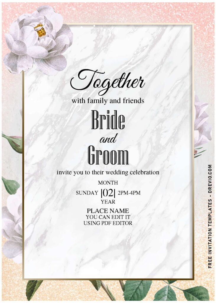 (Free Editable PDF) Designer's Choice Marble And Flowers Invitation Templates with white gold marble background