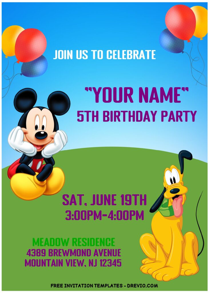 (Free Editable PDF) Colorful Mickey Mouse Clubhouse Birthday Invitation Templates with cute Mickey and Goofy