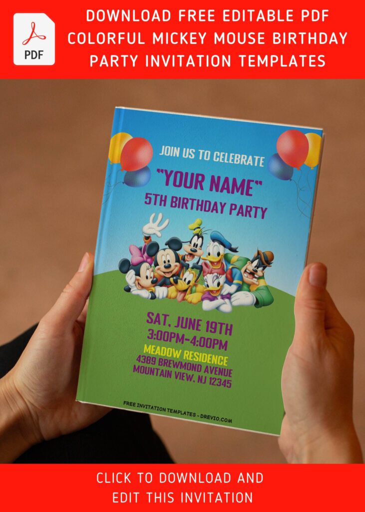 (Free Editable PDF) Colorful Mickey Mouse Clubhouse Birthday Invitation Templates with colorful balloons
