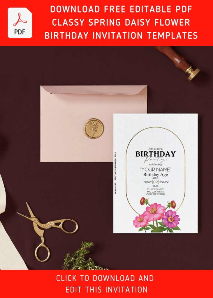 (Free Editable PDF) Classy Spring Daisy Flower Birthday Invitation Templates with elegant gold frame