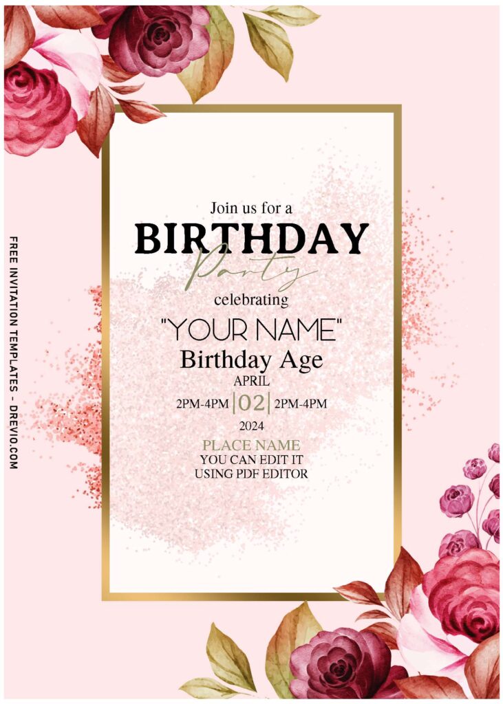 (Free Editable PDF) Floral Romance Birthday Invitation Templates with watercolor rose