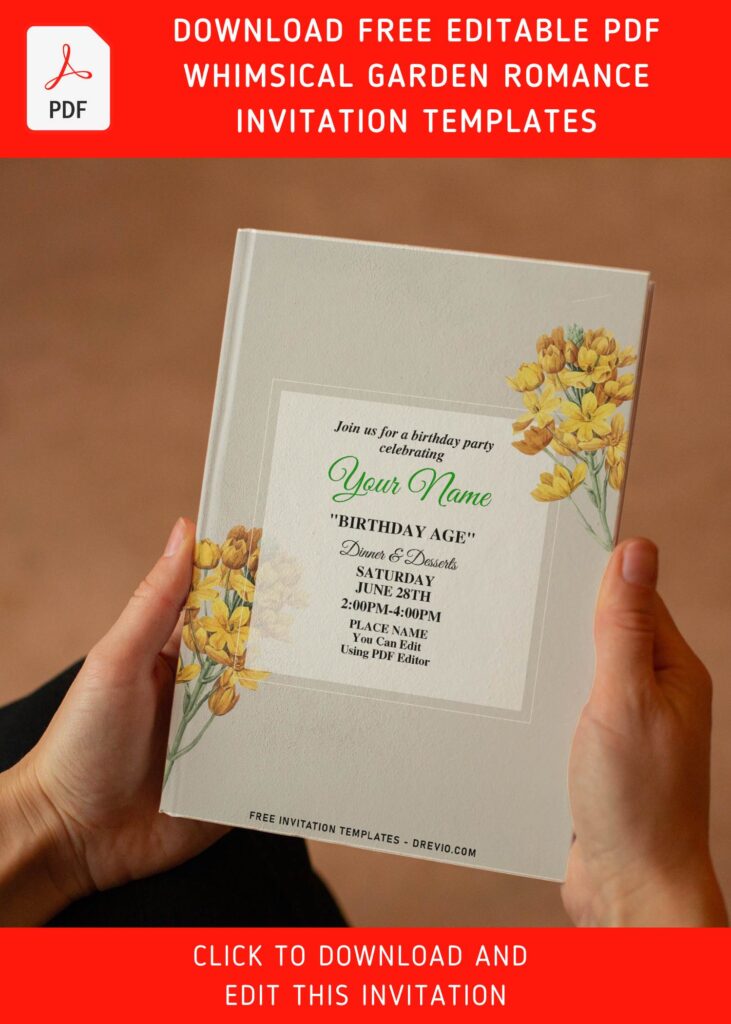 (Free Editable PDF) Whimsical Garden Romance Birthday Invitation Templates with elegant script
