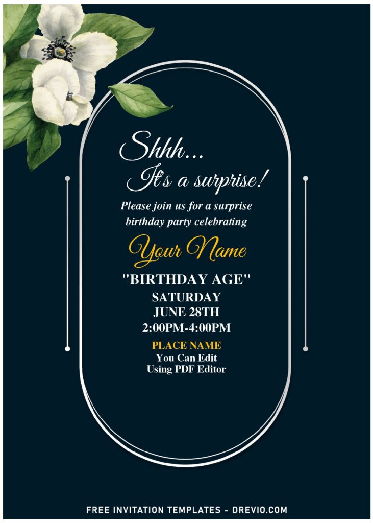 (Free Editable PDF) Moody Spring Jasmine Birthday Invitation Templates with elegant gold frame