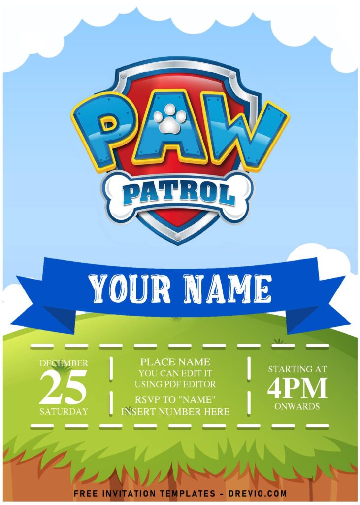 (Free Editable PDF) Playful Paw Patrol Birthday Invitation Templates For Preschooler with white fluffy clouds