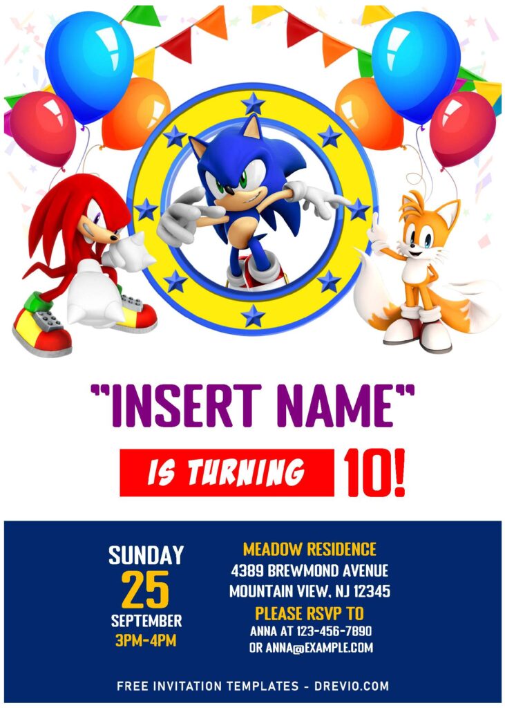 (Free Editable PDF) The Spiky Quickster Sonic The Hedgehog 2 Birthday Invitation Templates with colorful balloons