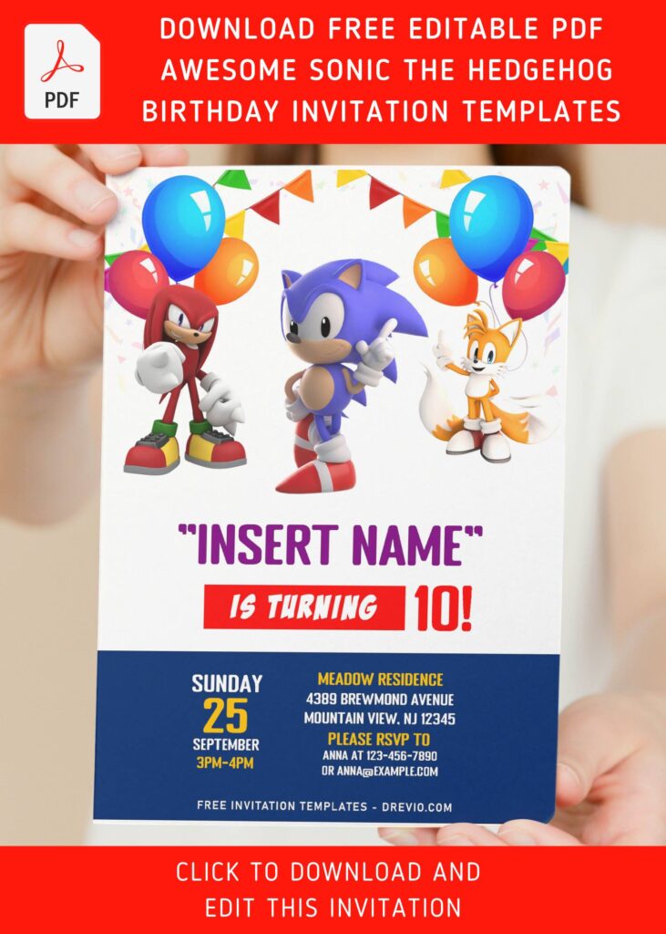 (Free Editable PDF) The Spiky Quickster Sonic The Hedgehog 2 Birthday Invitation Templates with cute text