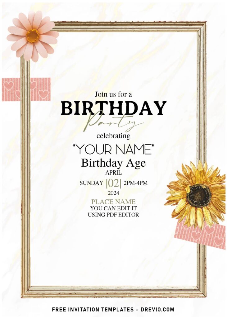 (Free Editable PDF) Creative Summer Boho Floral Birthday Invitation Templates with watercolor sunflower