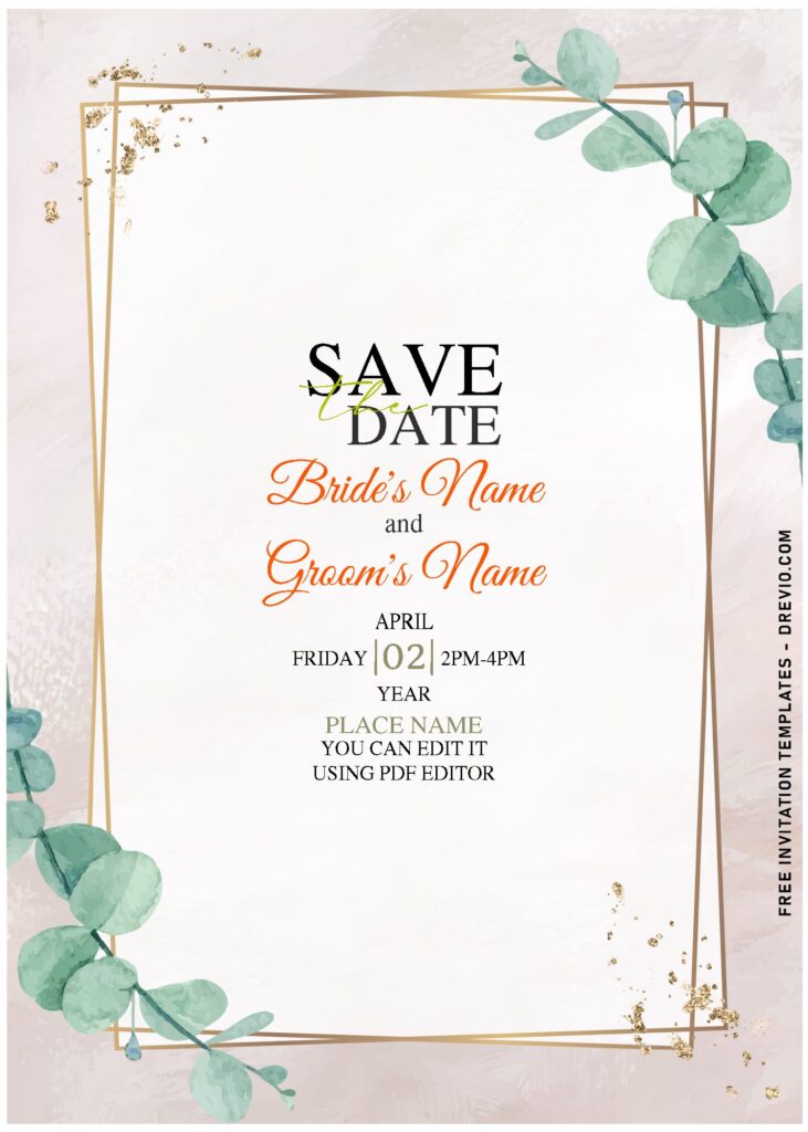 (Free Editable PDF) Modern Summer Boho Eucalyptus Wedding Invitation Templates with gold geometric frame